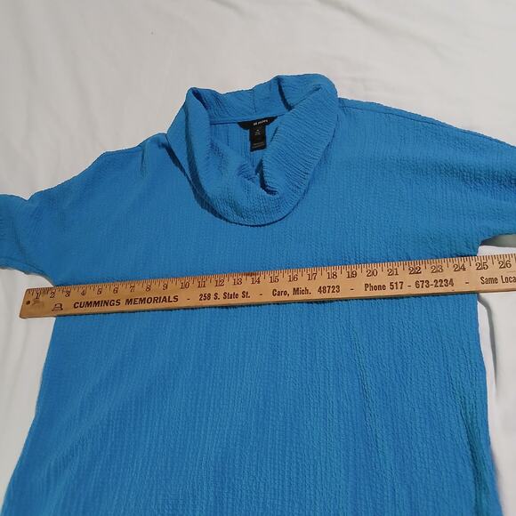 Ali Miles Medium Aqua Raglan-Long-Sleeved Crinkle Fabric Cowl-Neck Slit-Hem Top - Picture 8 of 11